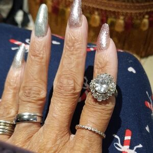 Large Genuine Solid Sterling Silver CZ Cocktail Ring Oval & Baguettes Size 6